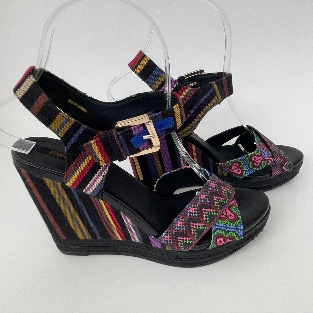 Geox Black and Pink Wedge Sandals with Artistic Design
